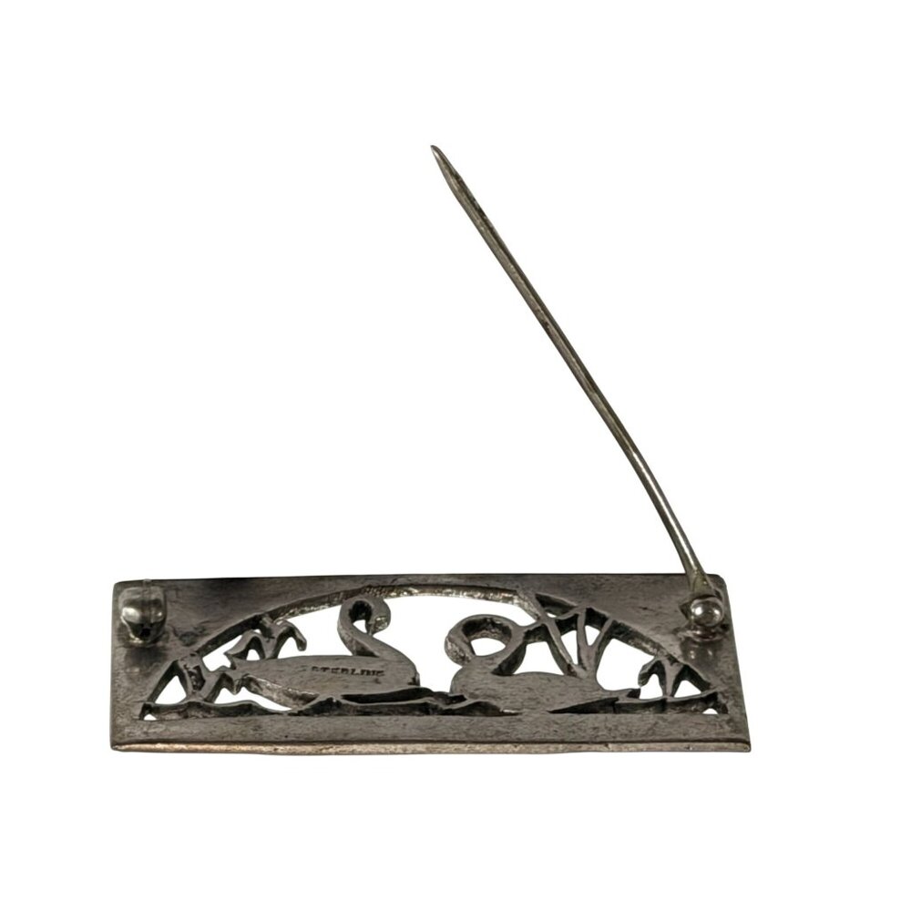German Vintage Sterling Silver Marcasite Bar Pin Swans Motif 14 grams - Picture 4 of 7